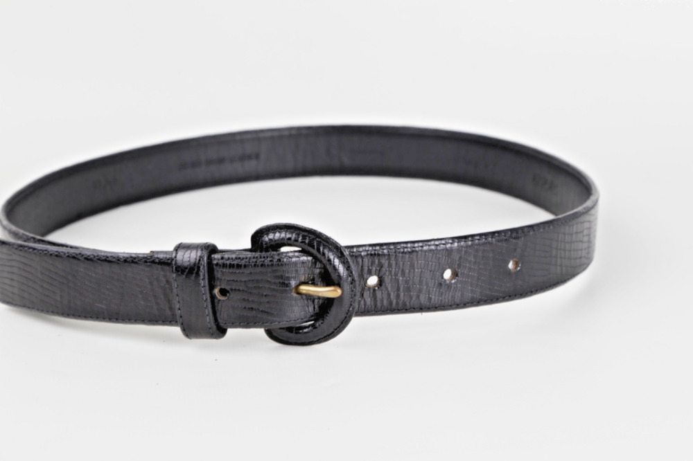 Calvin Klein Vintage Black Lizard Embossed Leather Belt Gold Buckle Size Small S
